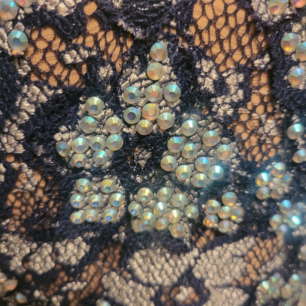 Jovani Navy Blue Lace Open Back Mermaid Prom Gown Silver Rhinestones Fitted sz 4 - Picture 15 of 16
